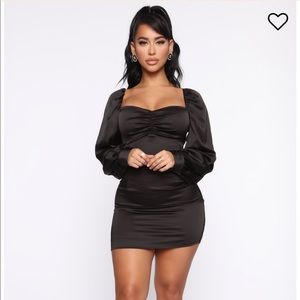 Fashion Nova Black Satin Puff Sleeve Mini Dress